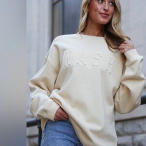 NASH Collection Iconic Crew Neck Sweatshirt Size S/M 3D Embossed Logo Tan Beige